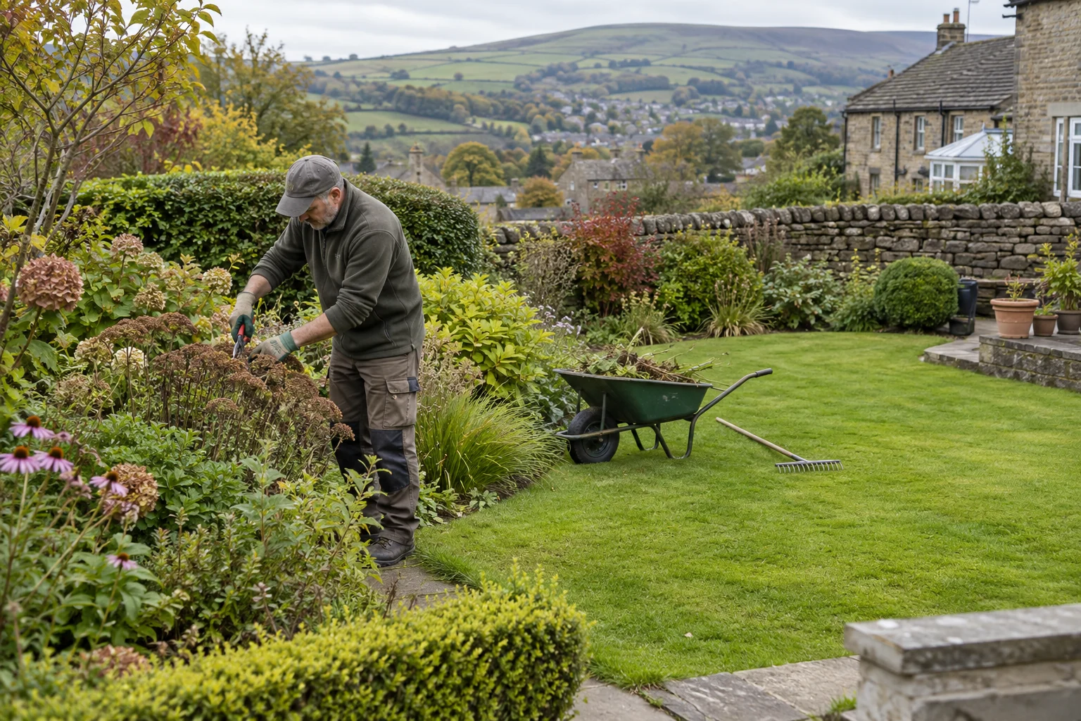 Gardener tending a mixed border in a stone-walled West Yorkshire garden.
