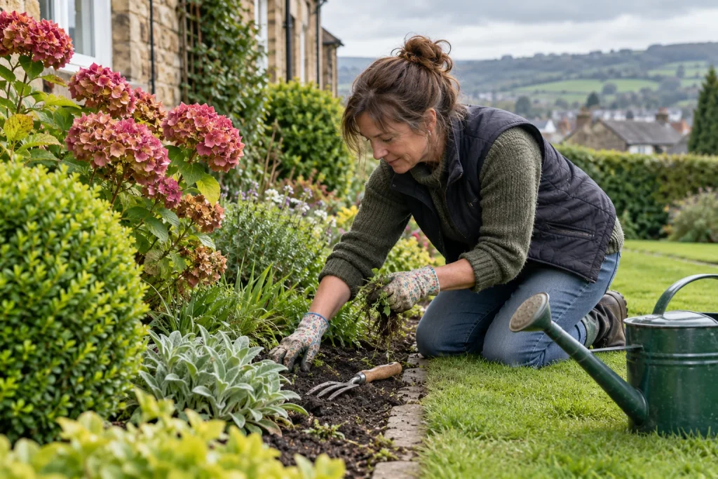 Gardener weeds and waters a flower border during a routine maintenance visit.