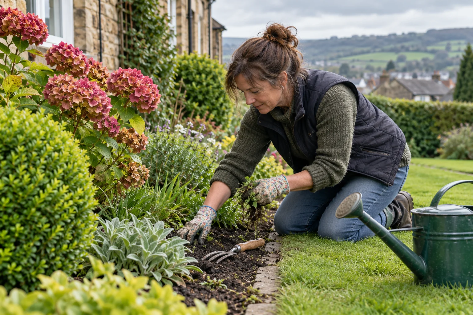 Gardener weeds and waters a flower border during a routine maintenance visit.