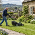 Gardener mowing a lawn beside a flower border in West Yorkshire.