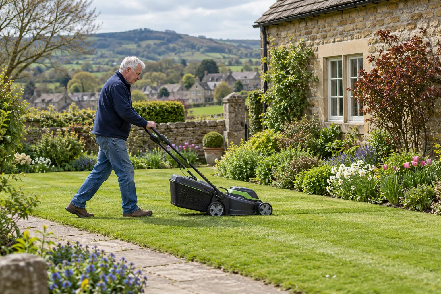 Gardener mowing a lawn beside a flower border in West Yorkshire.