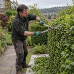 Gardener carefully trims a mature hedge with long-handled shears.