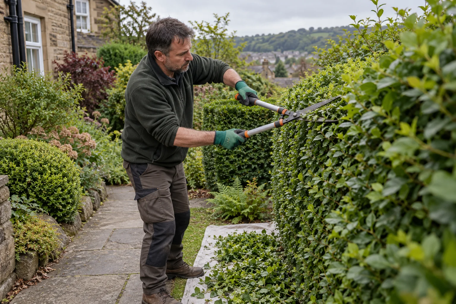 Gardener carefully trims a mature hedge with long-handled shears.