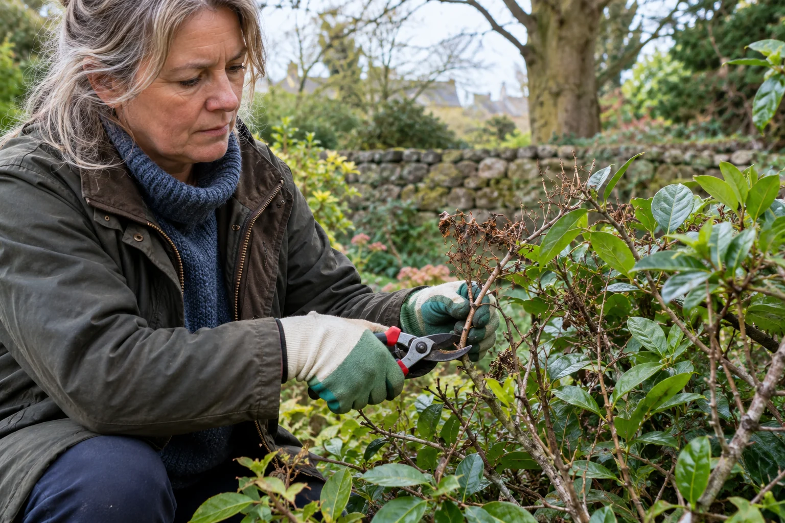 Gardener removes a dead branch from an ornamental shrub with secateurs.