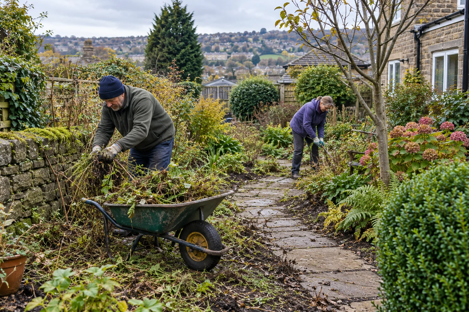 Gardeners load prunings and weeds into a wheelbarrow during a garden clearance.