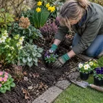 Gardener plants seasonal flowers in a prepared garden border.