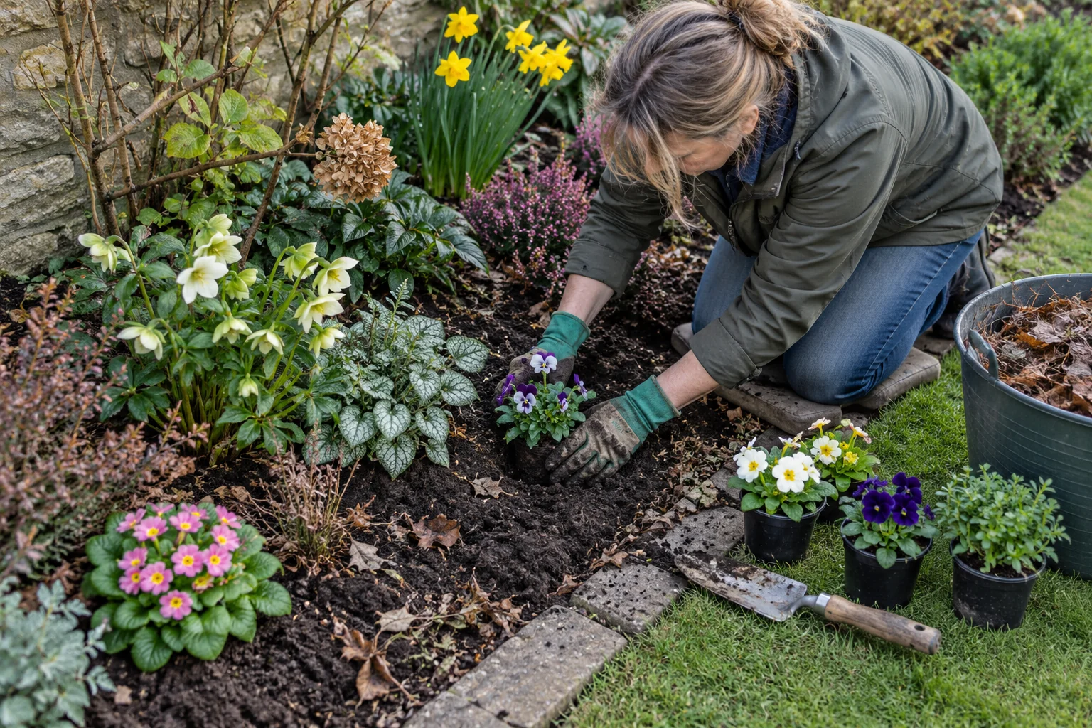 Gardener plants seasonal flowers in a prepared garden border.