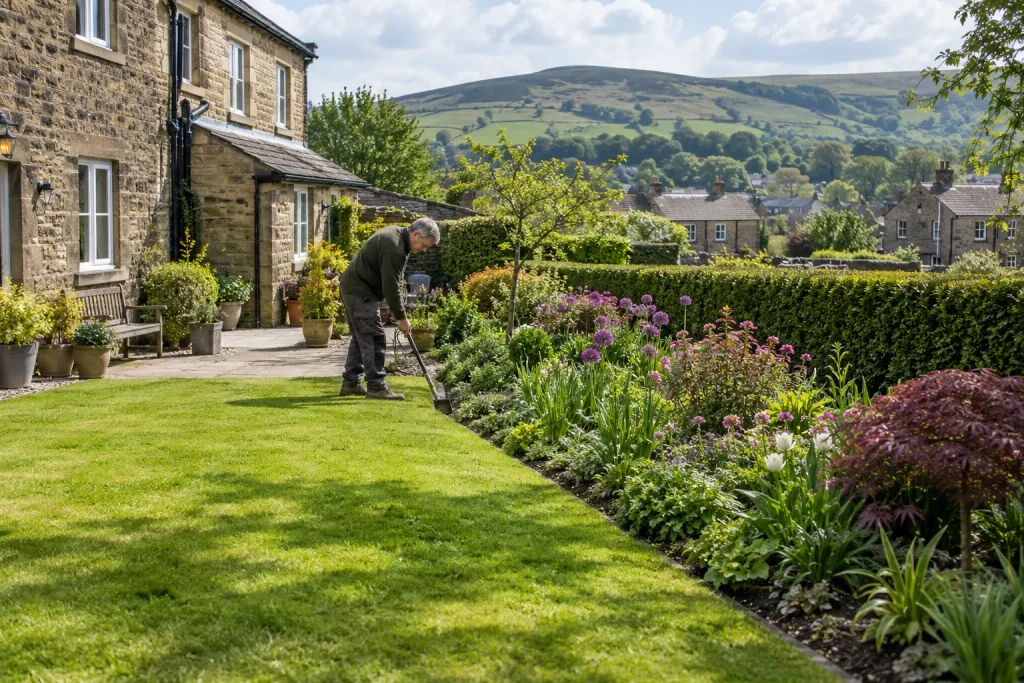 Gardener maintains a lawn and flower bed beside a Steeton stone house.
