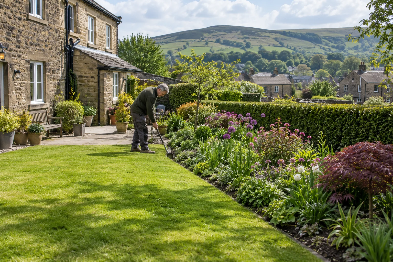 Gardener maintains a lawn and flower bed beside a Steeton stone house.