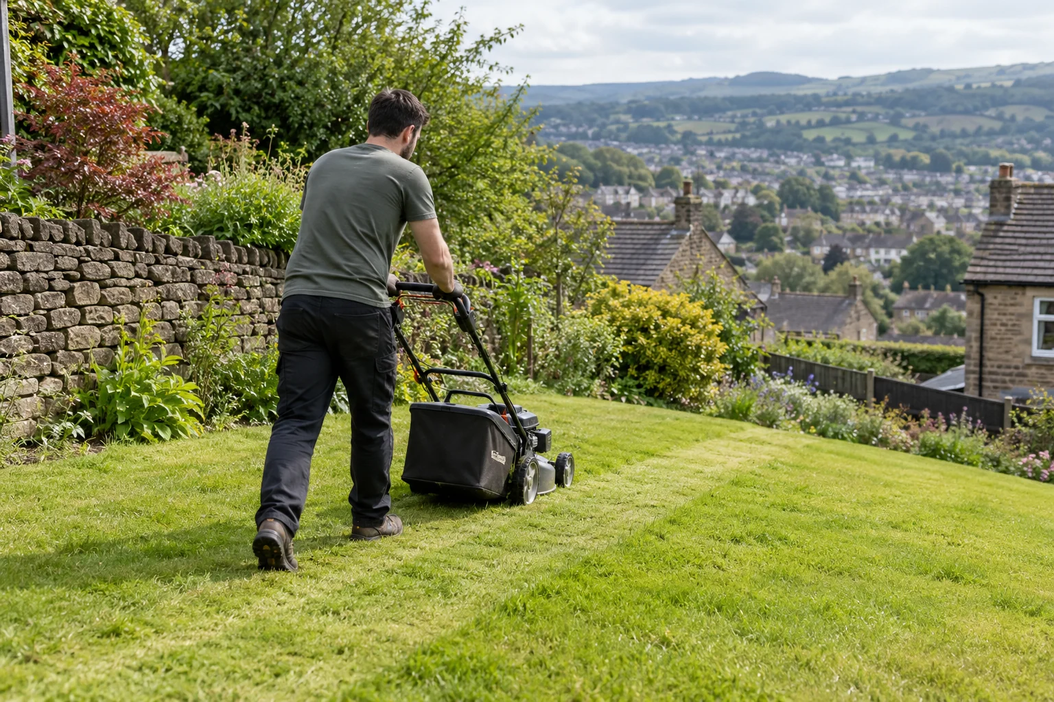 Gardener mowing a sloping lawn beside a stone wall in Keighley.
