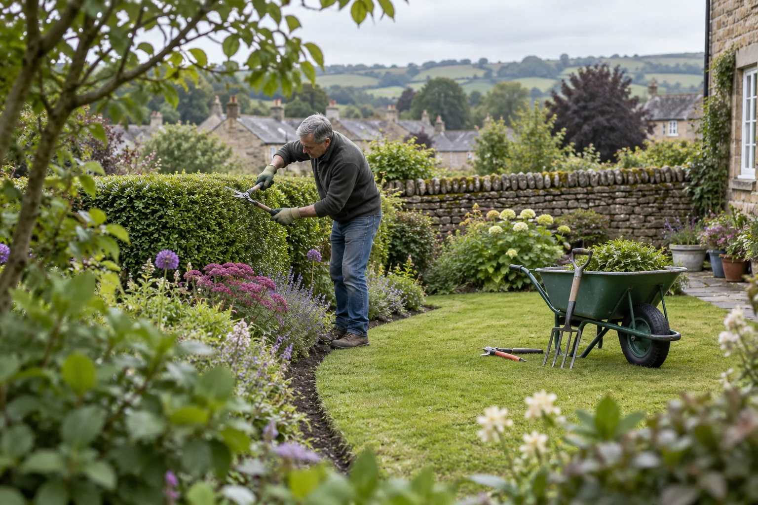 Gardener tending a hedge and perennial border in a Silsden garden.