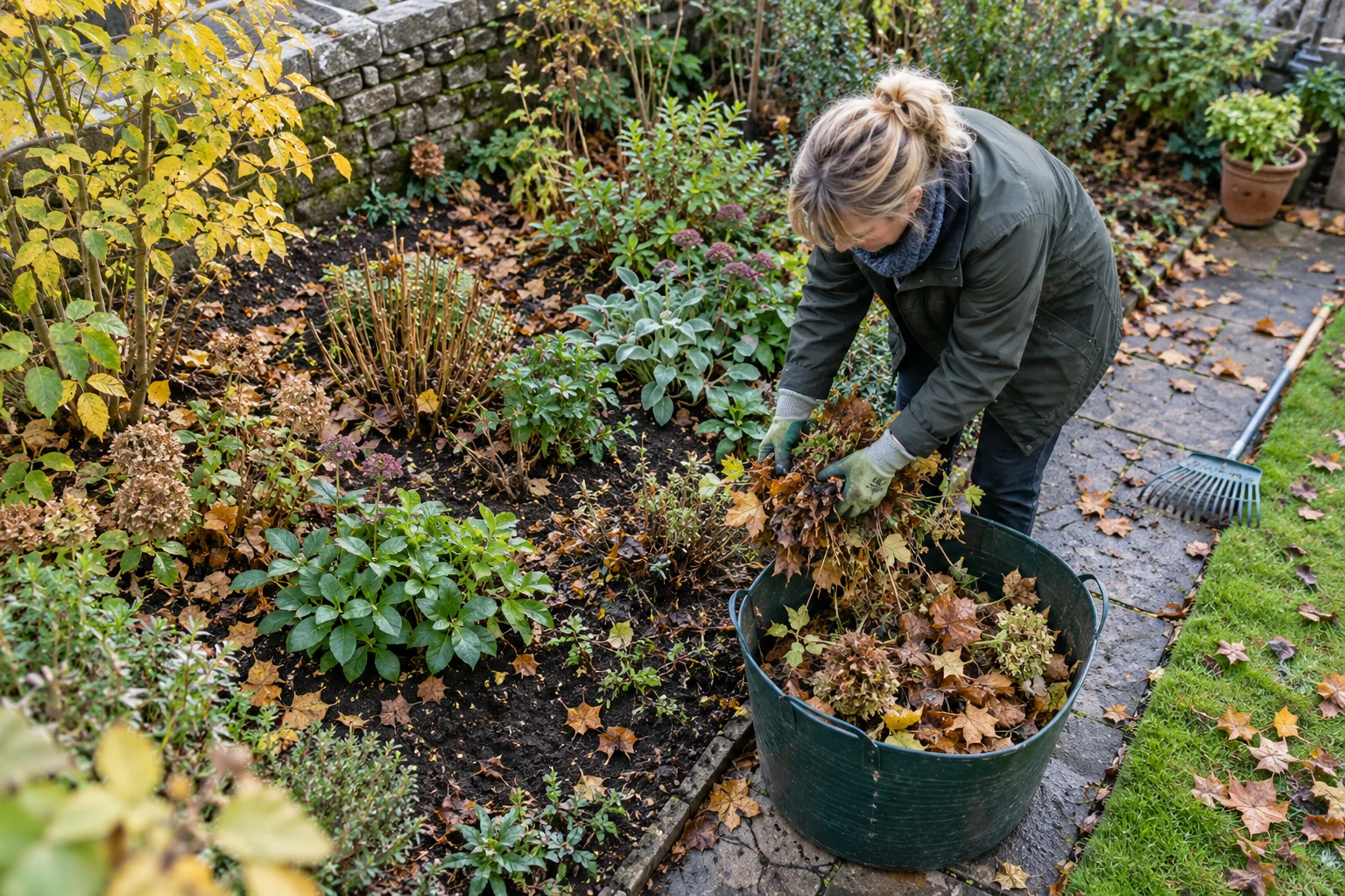Gardener clears autumn leaves and cuttings from a Skipton garden border.