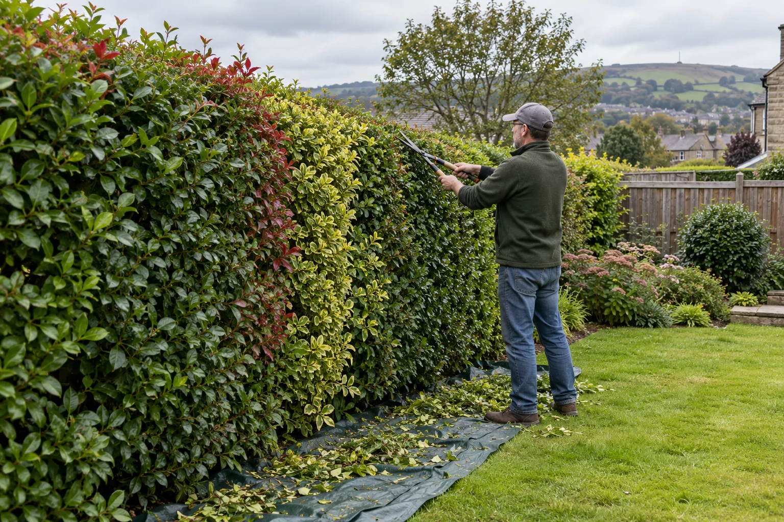 Gardener shapes a mixed hedge with hand shears in Cross Hills.