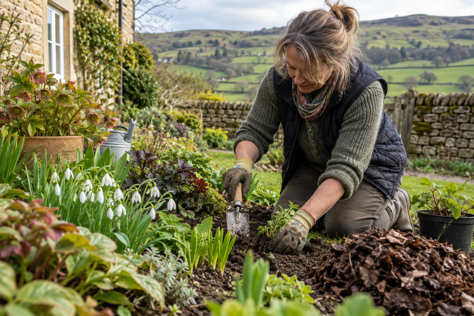 Gardener plants hardy seasonal flowers in a Sutton-in-Craven border.