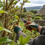 Gardener selectively prunes a healthy shrub in an Addingham garden.