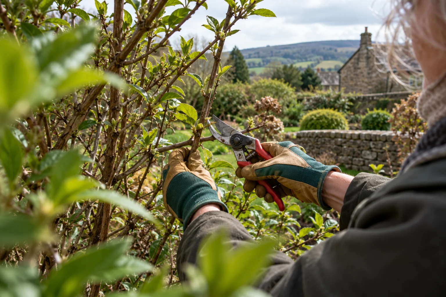 Gardener selectively prunes a healthy shrub in an Addingham garden.
