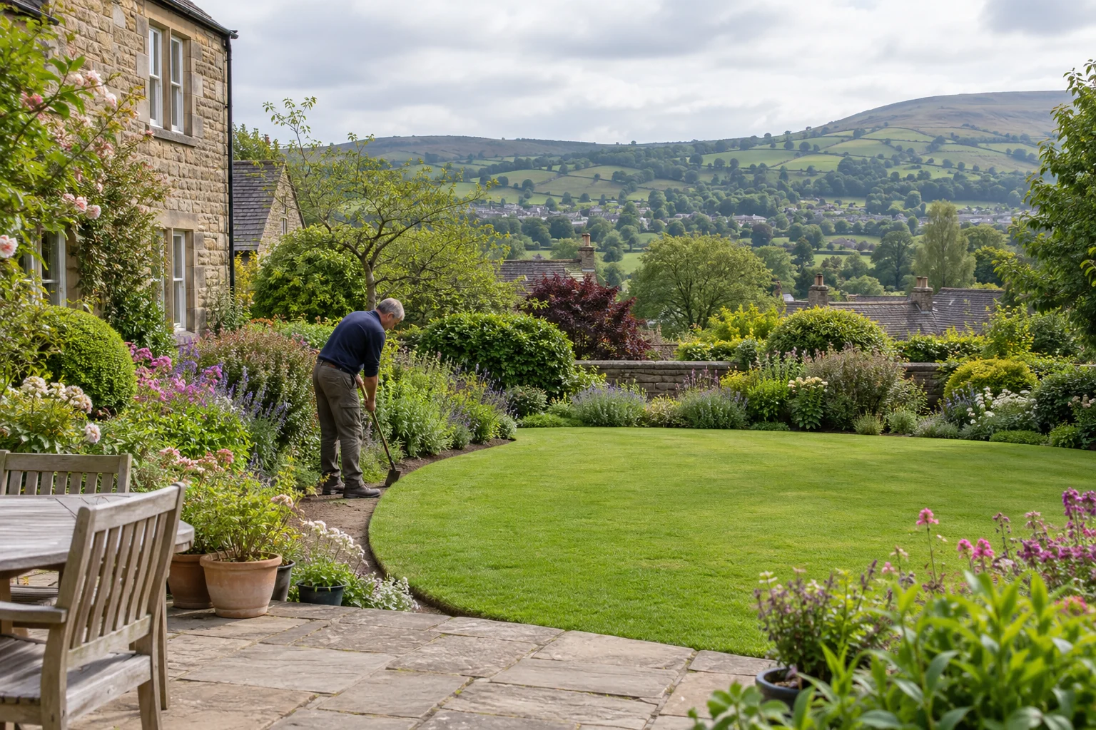 Well-kept lawn and perennial border in an Ilkley garden.
