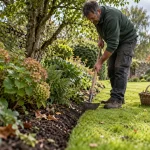 Gardener edges a lawn beside a shrub border in Bingley.