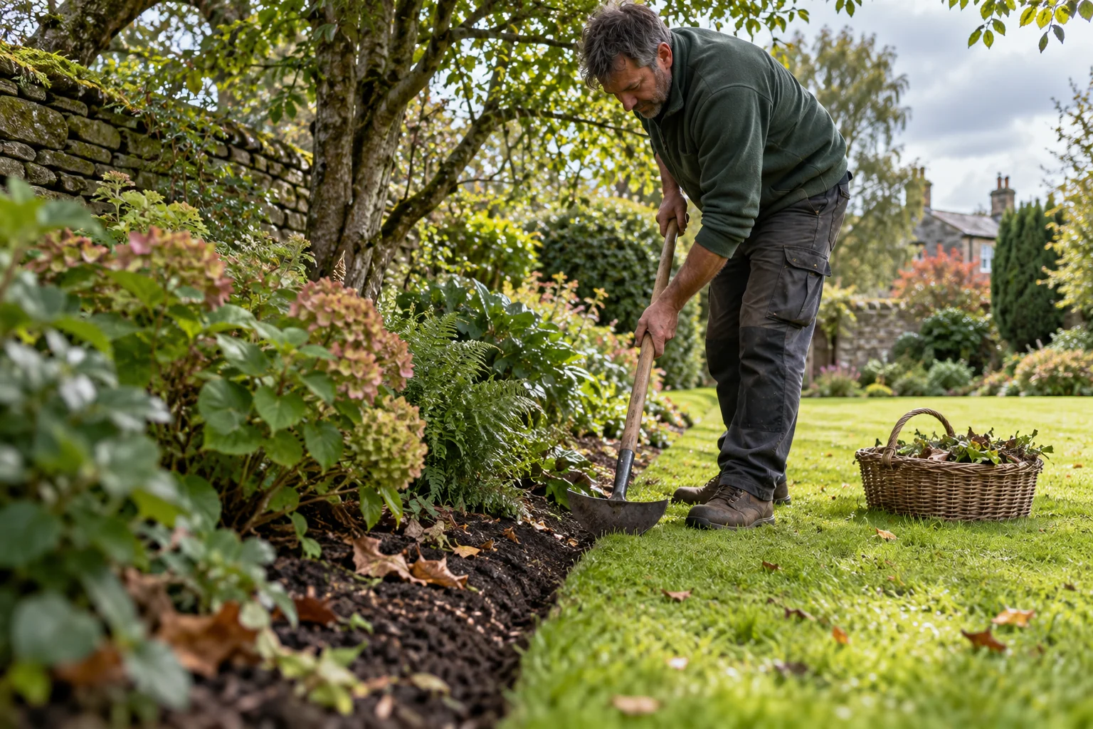 Gardener edges a lawn beside a shrub border in Bingley.
