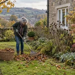 Gardener rakes autumn leaves beside a stone cottage garden in Haworth.