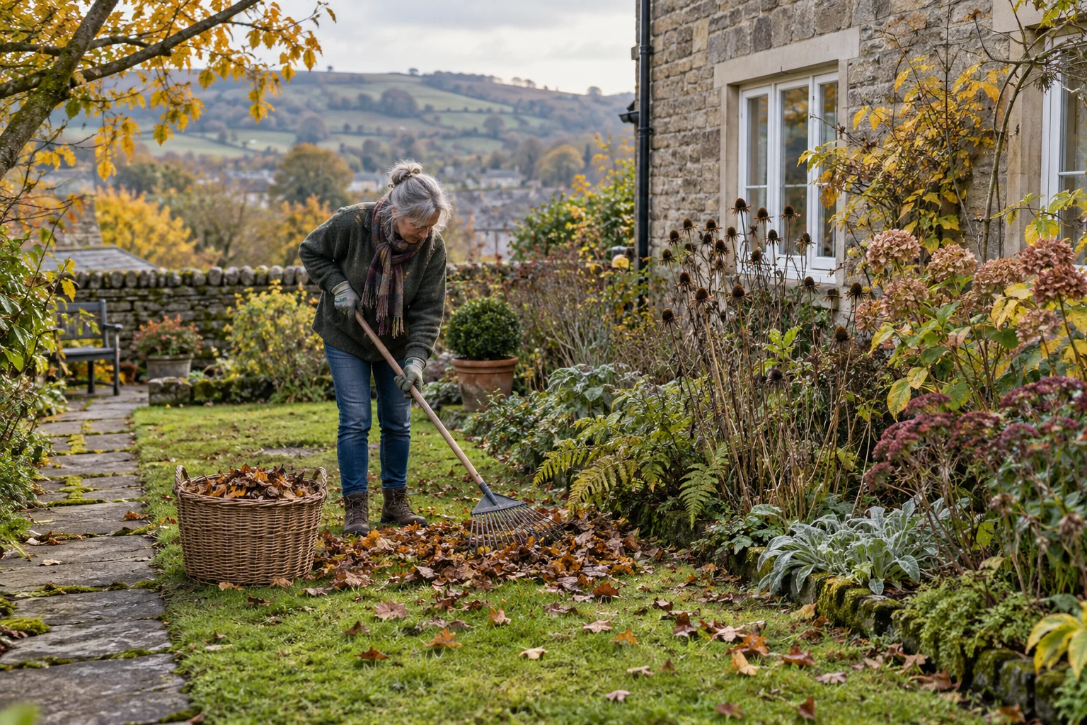 Gardener rakes autumn leaves beside a stone cottage garden in Haworth.