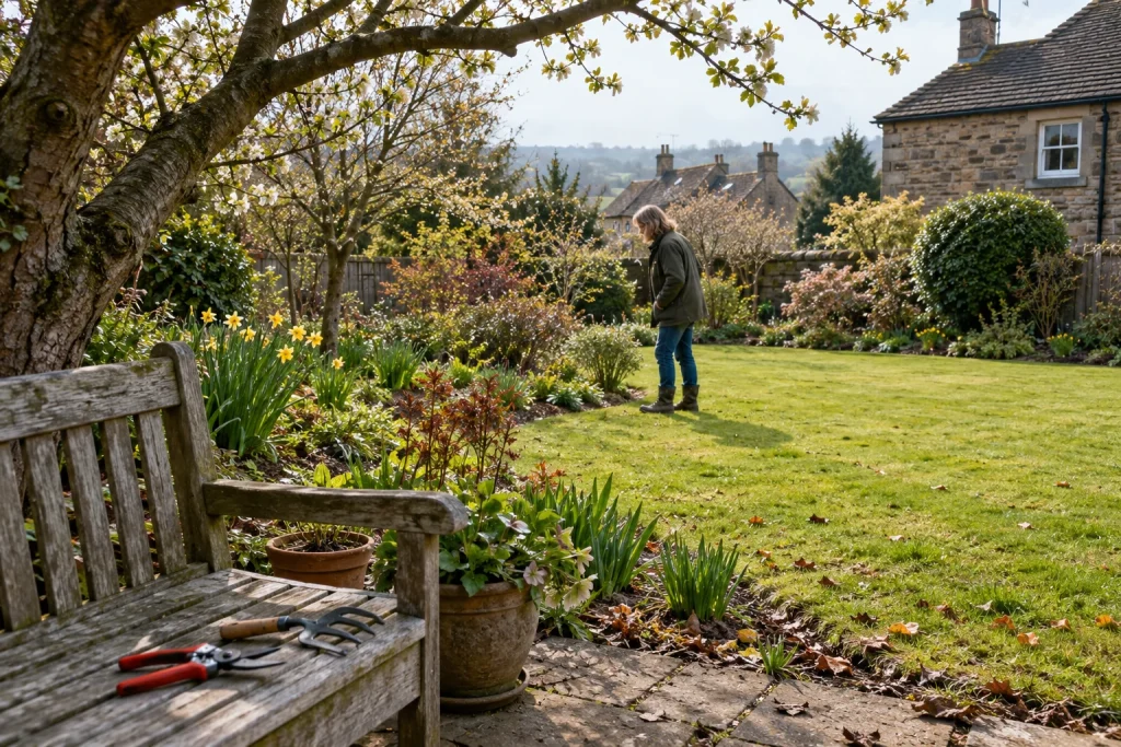 Gardener checks spring growth and garden tools for seasonal maintenance.