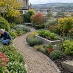 Low-maintenance garden with hardy plants, gravel path and mulched beds.