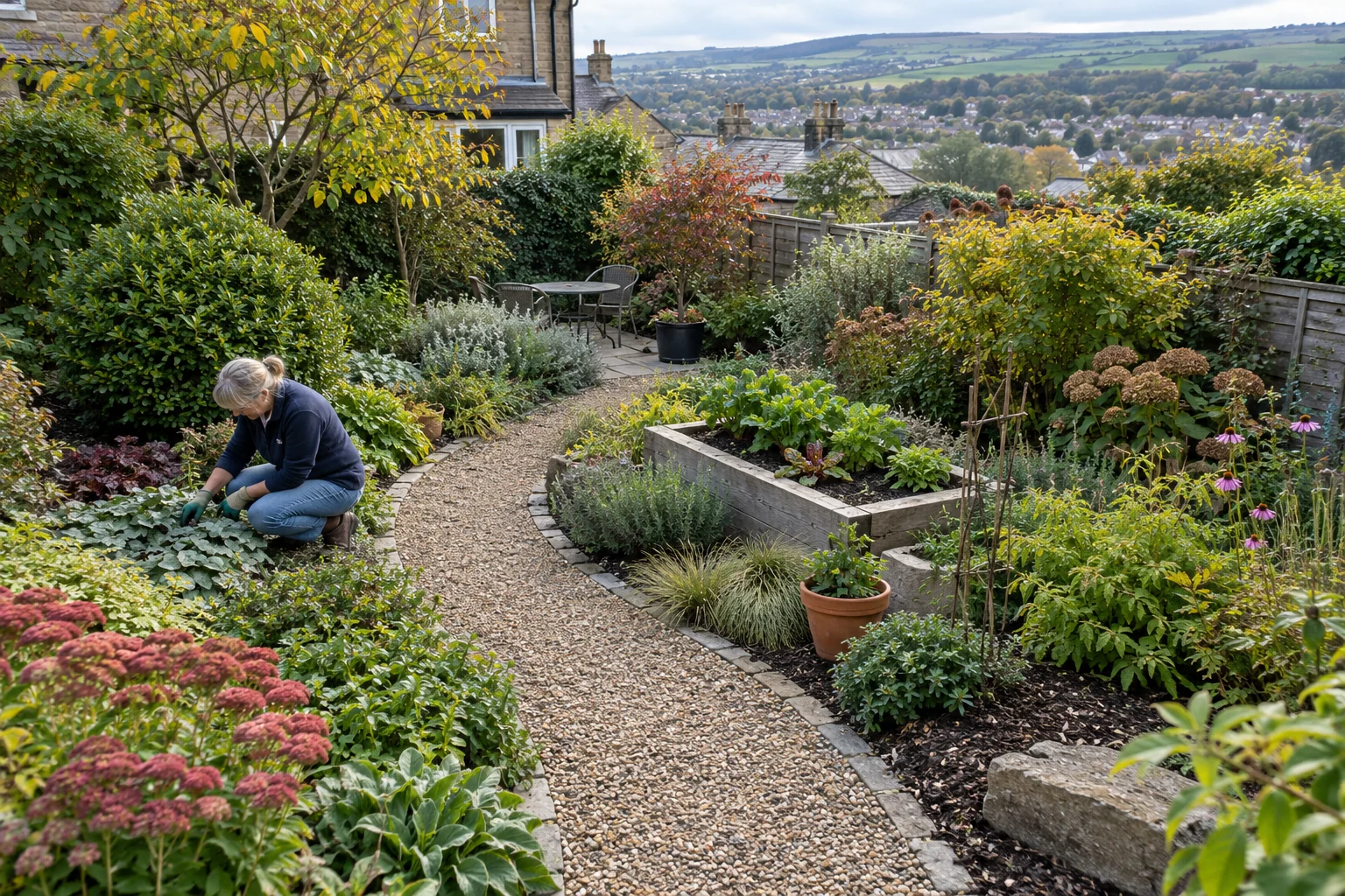 Low-maintenance garden with hardy plants, gravel path and mulched beds.
