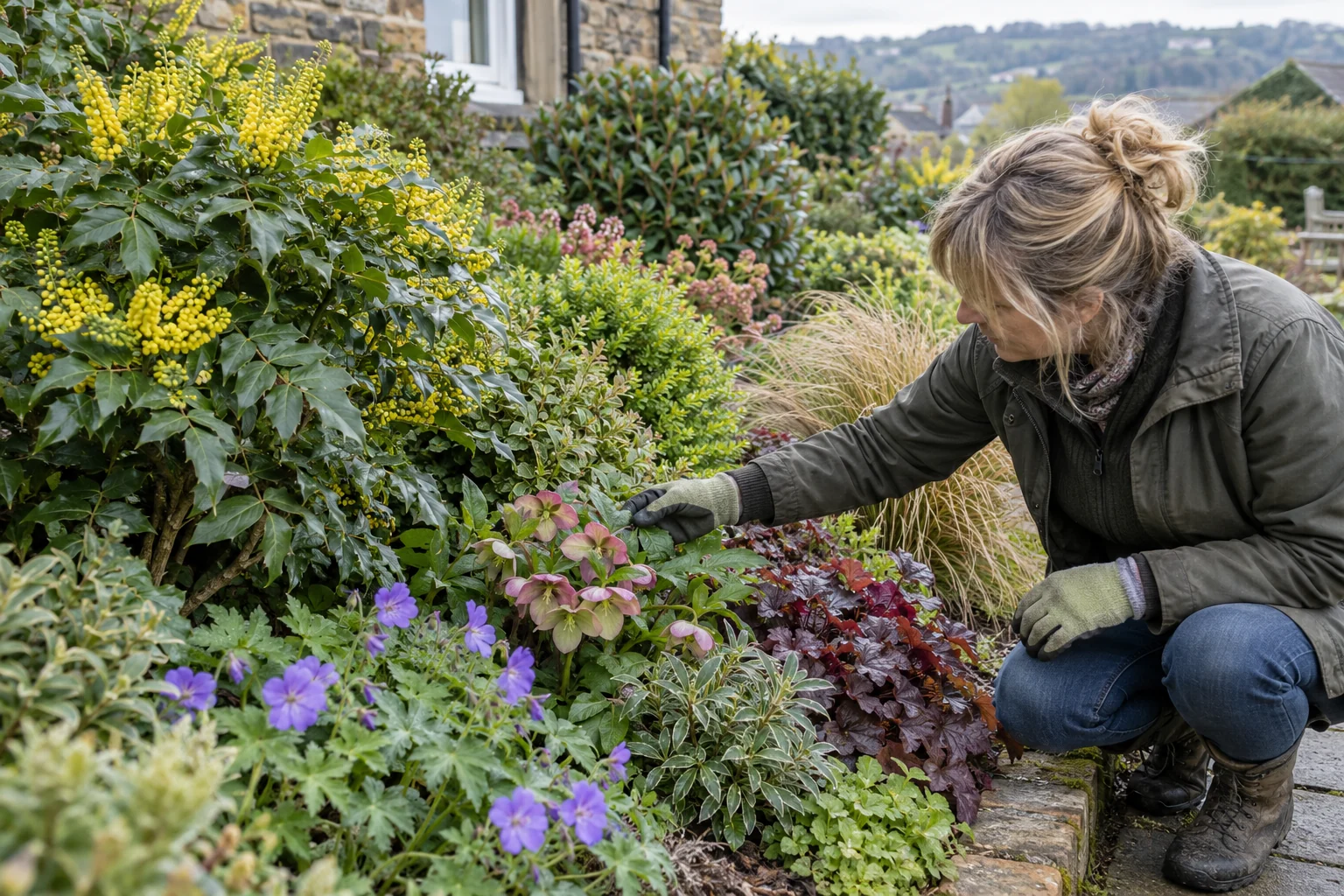 Hardy shrubs, geraniums and ornamental grasses in an easy-care garden.