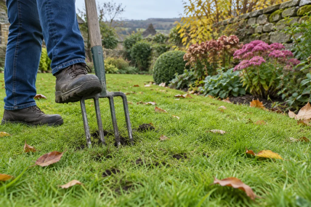 Gardener aerates a lawn with a garden fork in autumn.