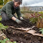 Gardener spreads compost over a no-dig garden bed.