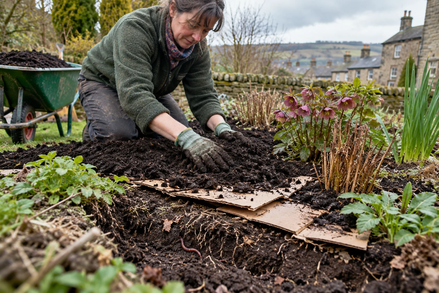 Gardener spreads compost over a no-dig garden bed.