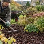 Gardener spreads bark mulch around perennials while keeping stems clear.