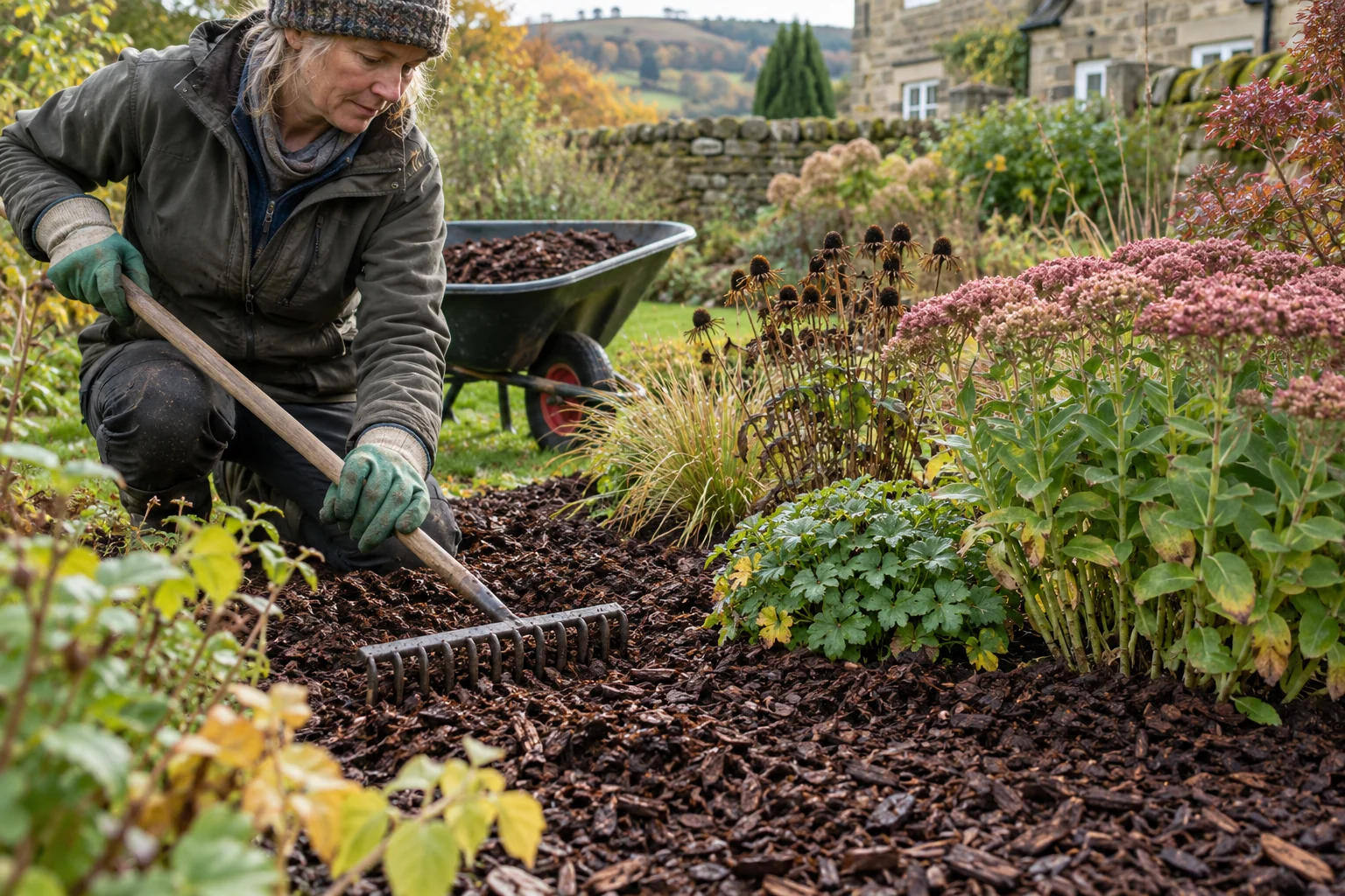 Gardener spreads bark mulch around perennials while keeping stems clear.