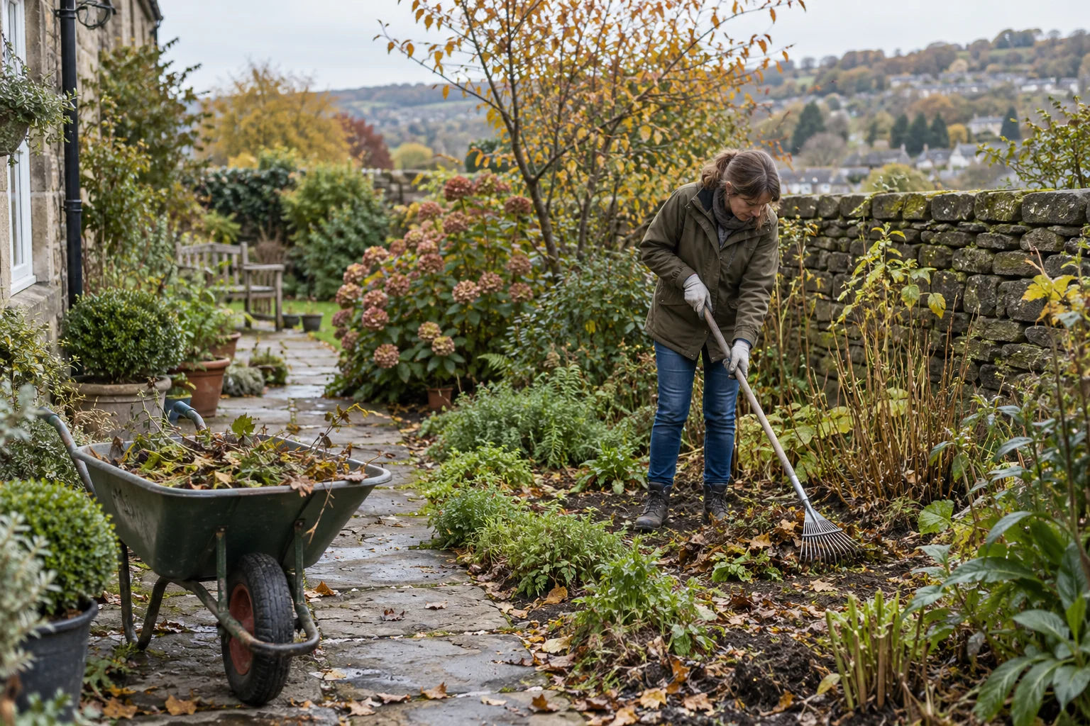 Homeowner clears leaves and cuttings during a garden tidy-up.