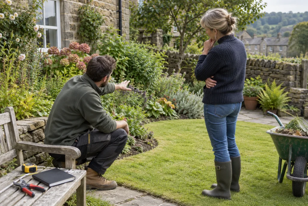 Gardener and homeowner discuss maintenance work in a West Yorkshire garden.