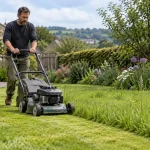 Gardener judges lawn growth while mowing a West Yorkshire garden.