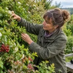 Gardener inspects a wildlife hedge before scheduling a trim.