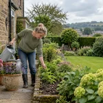 Gardener checks a flower bed and container during routine upkeep.