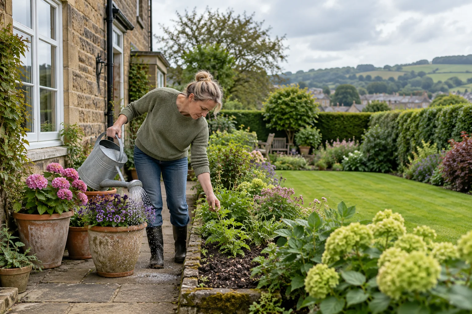 Gardener checks a flower bed and container during routine upkeep.