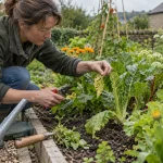 Gardener inspects leaves and removes a damaged leaf during a garden check.