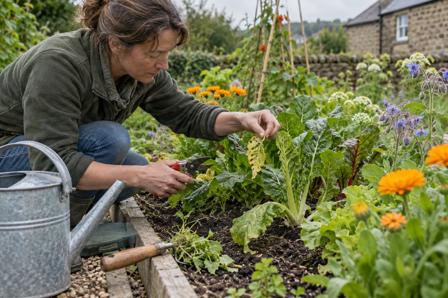Gardener inspects leaves and removes a damaged leaf during a garden check.