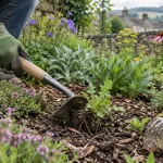Gardener removes a weed from a densely planted mulched border.