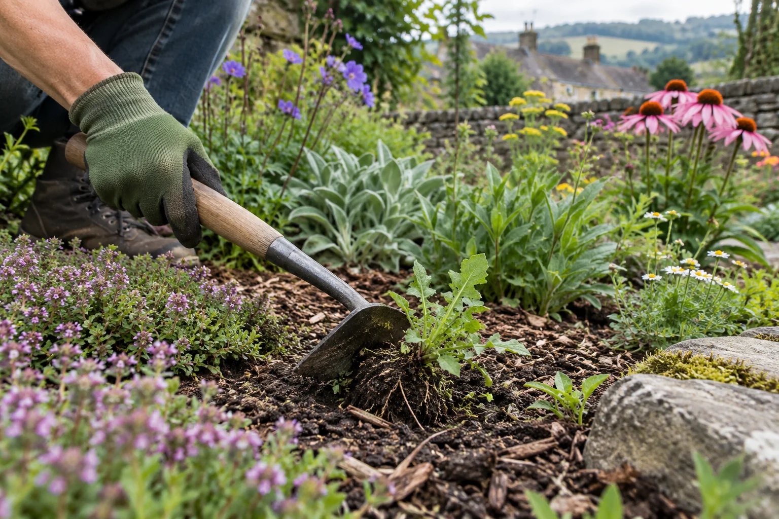 Gardener removes a weed from a densely planted mulched border.