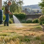 Gardener waters a lawn slowly at the root zone in the morning.