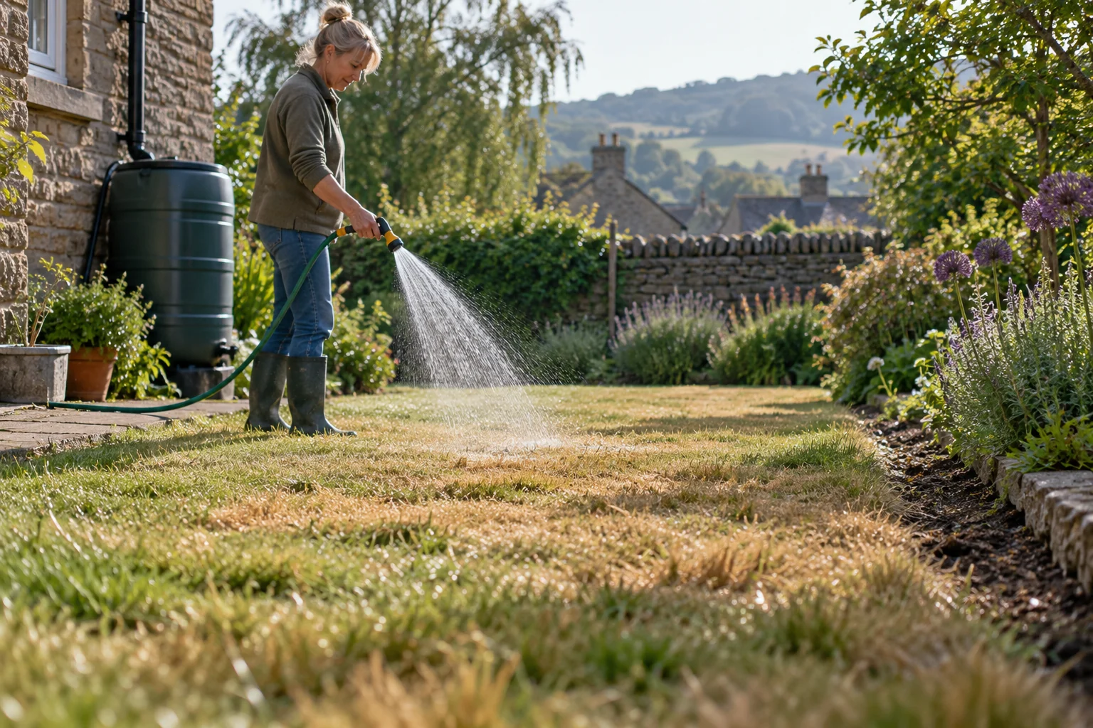 Gardener waters a lawn slowly at the root zone in the morning.