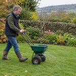 Gardener evenly applies lawn feed with a hand spreader.