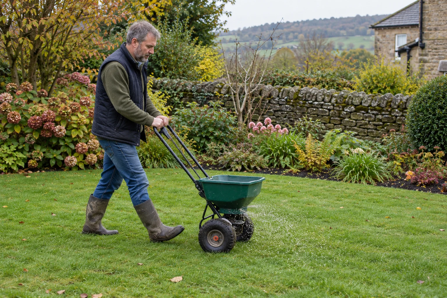 Gardener evenly applies lawn feed with a hand spreader.