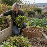 Gardener sorts cuttings and leaves beside a home compost bay.