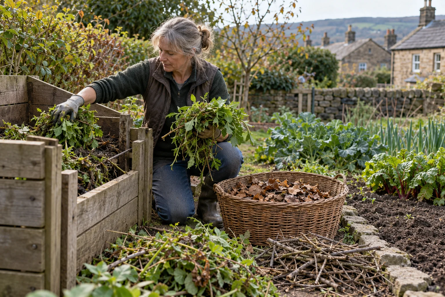 Gardener sorts cuttings and leaves beside a home compost bay.